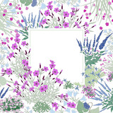 Vintage floral greeting card. Herbs, Flowers, Rock garden, Summer. Hand drawn vector background.
