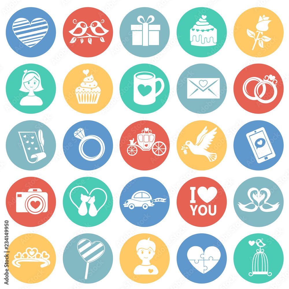 Valentines day flat set on color circles background icons Valentines day flat set on color circles background icons