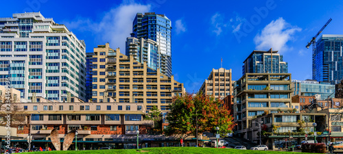 Panorama of the terraced Seattle waterfront skyline by the Pike Place Market in Seattle