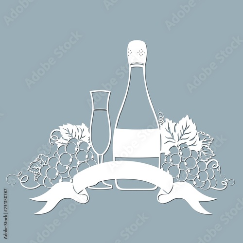 Template for laser cutting, plotter, and silkscreen printing. Vine. Grape. A bottle of champagne and a glass.
