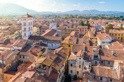 Panoramic view in Lucca with San Michele al Foro Church. Tuscany, Italy. photo