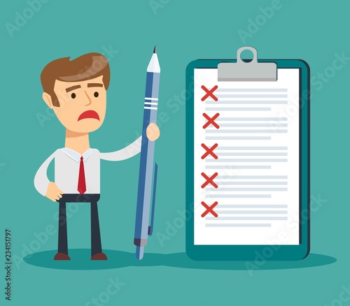 Sad businessman holding a pencil looking at checklist on clipboard. Stock flat vector illustration.