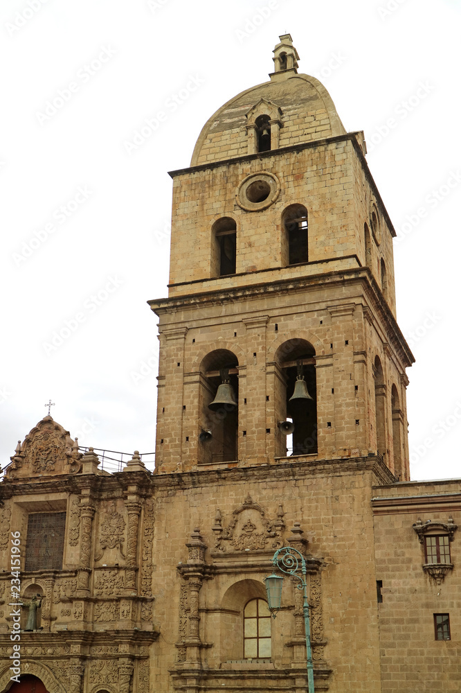 The Bell Tower of San Francisco Basilica or Basilica de San Francisco, Historic Baroque Church in La Paz, Bolivia 