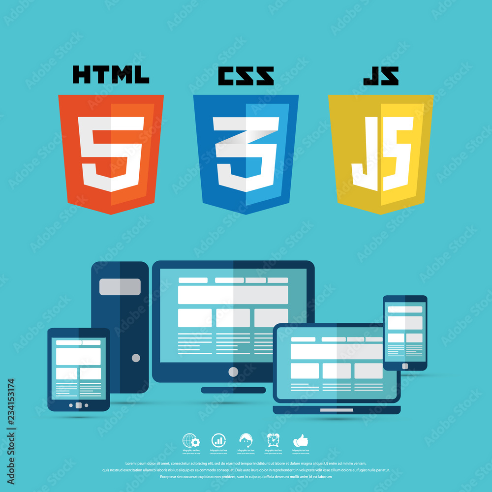 Coding and web technology shields. HTML5, CSS, Javascript. Web site ...