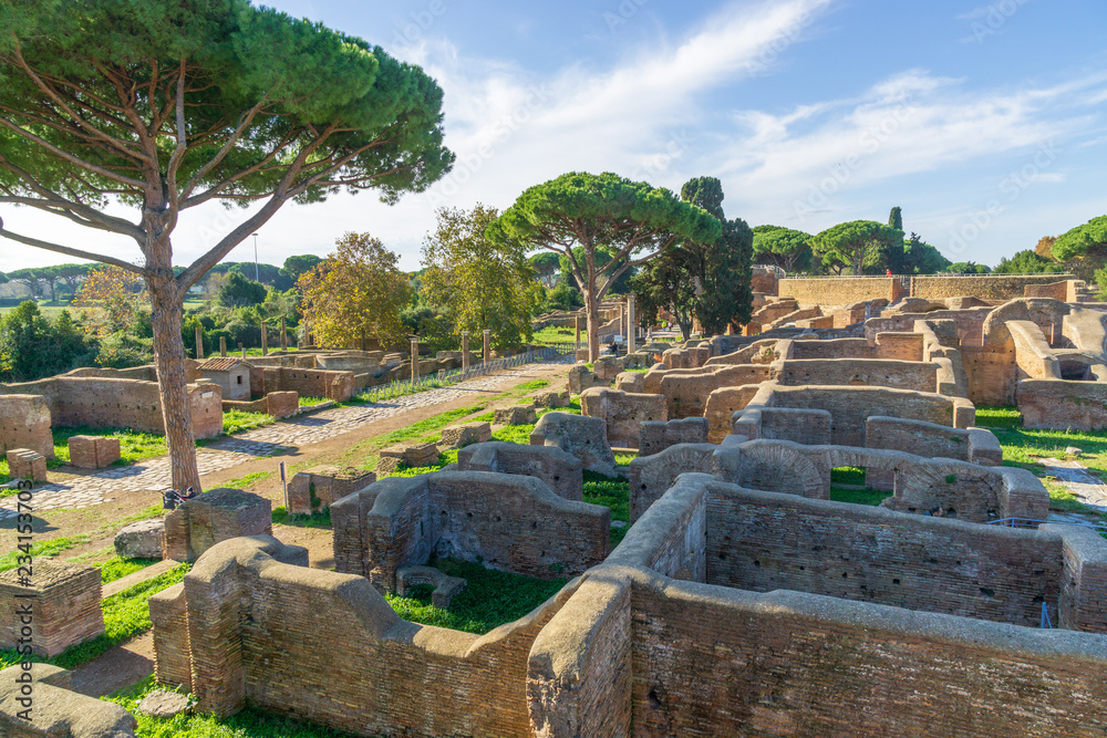 Ostia antica in Rome, Italy.. Landscape in the Roman archaeological ruins