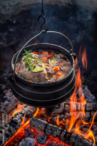 Delicious and fresh hunter's stew with meat and carrots