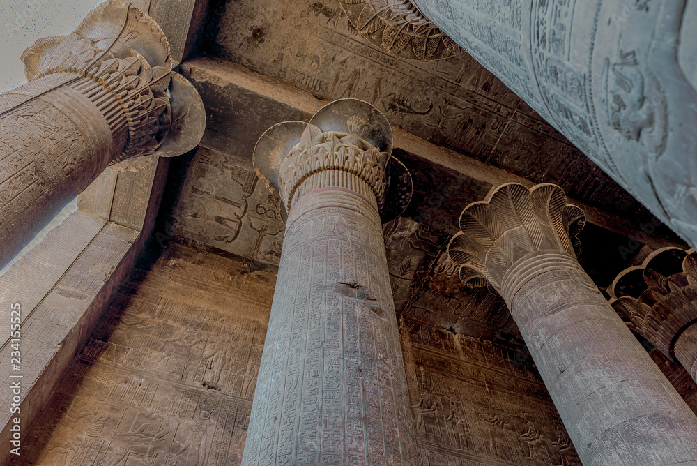 Temple of Khnum at Esna with hieroglyphs and tall columns