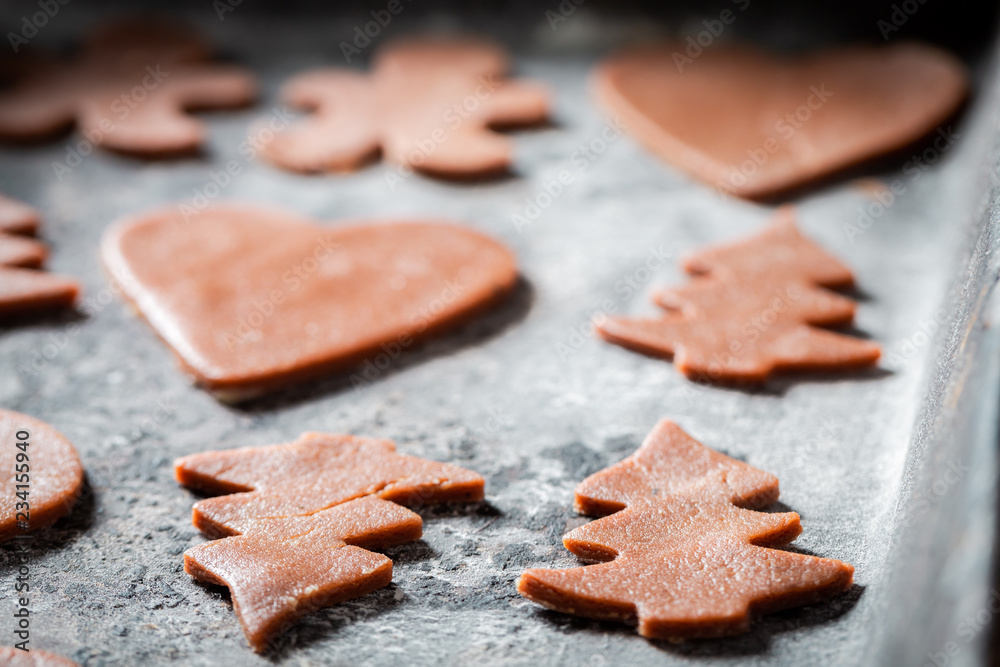 Closeup of Christmas gingerbread cookies before baking