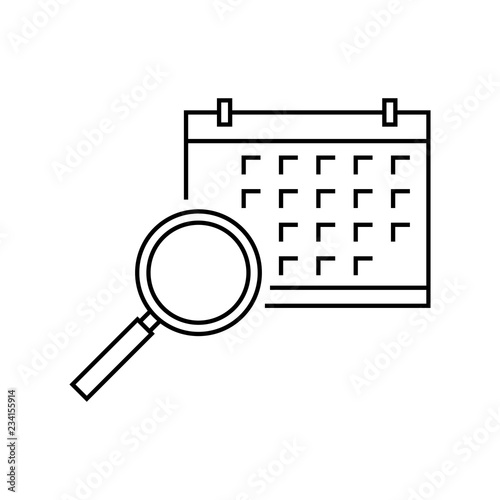 Calendar and magnifying glass line icon, outline vector sign, linear style pictogram isolated on white. Symbol, logo illustration.
