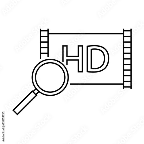 Movie search linear icon. Thin line illustration. Magnifying glass with film strip contour symbol. Vector isolated outline drawing photo