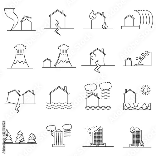 Natural Disaster, Vector illustration of thin line icons set