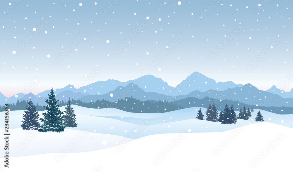 Naklejka premium Merry Christmas snowfall skyline background. Snow winter landscape.