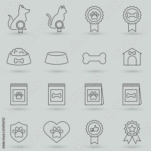 Pets icons. The sign of a dog paw. Pets. Chat, award medals and report linear badges. Dog bone and doghouse. Vector