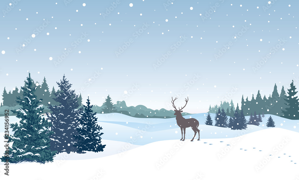 Christmas background. Snow winter landscape with deer. Christmas background. Snow winter landscape with deer.