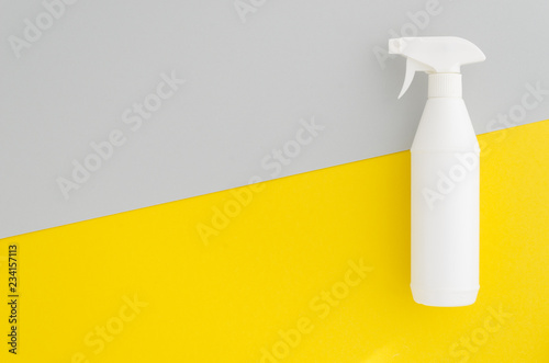 White plastic bottle with trigger sprayer template on vibrant duotone background. Stock photo mock up. photo