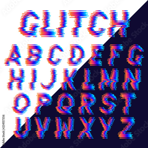 Decorative alphabet letters with electronic glitch effect.