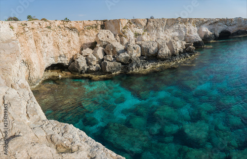View of the cliffs and seashore from the Bridge of Lovers near Ayia Napa, Cyprus