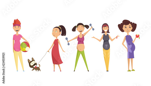 Pregnant women set. Many views of pregnant. Smile happy, walking with dog, eating apple, exercise. Vector illustrations isolated.