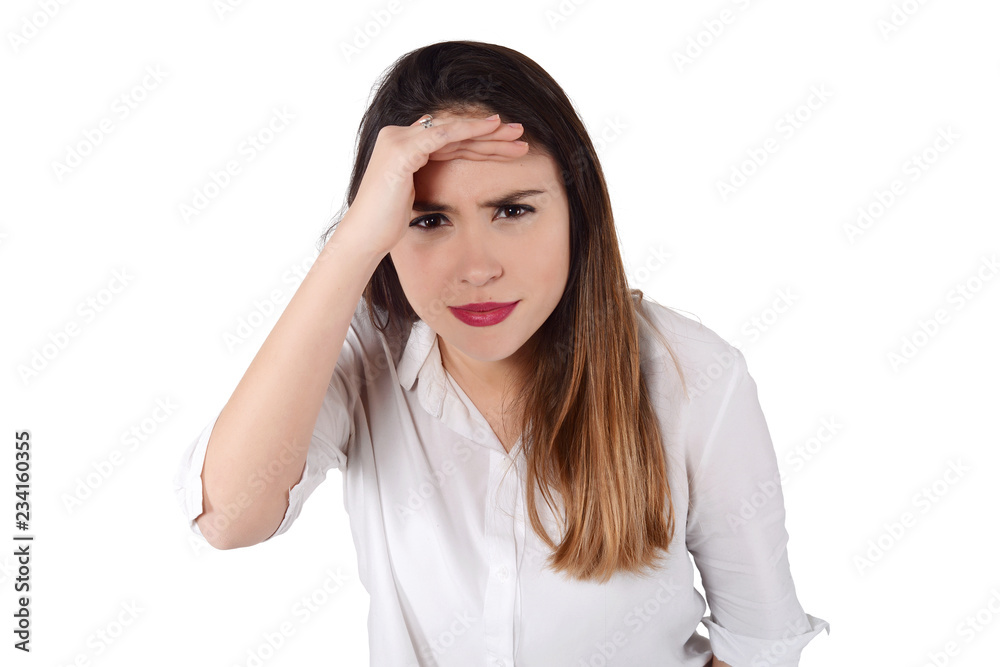 Young beautiful woman looking into the distance. Isolated white background Young beautiful woman looking into the distance. Isolated white background