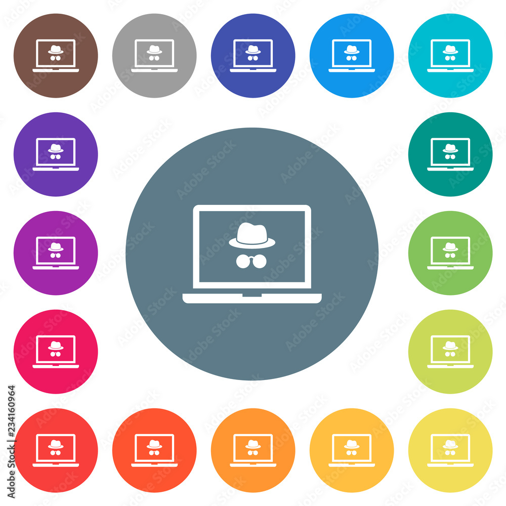 Laptop with incognito symbol flat white icons on round color backgrounds