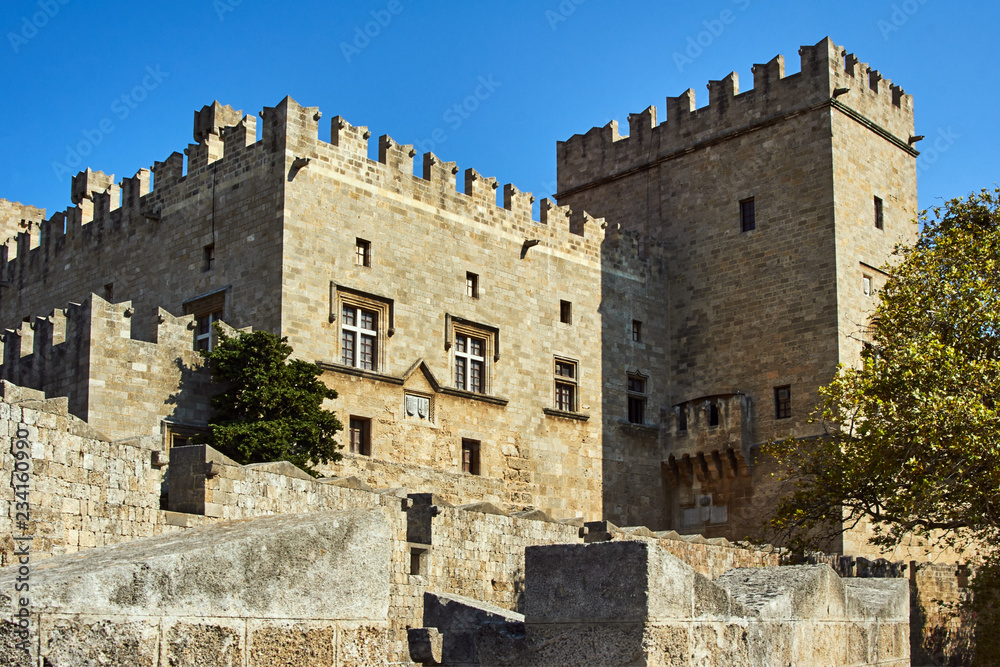 The walls and turrets of the medieval castle of the Joannite Order in the city of Rhodes.