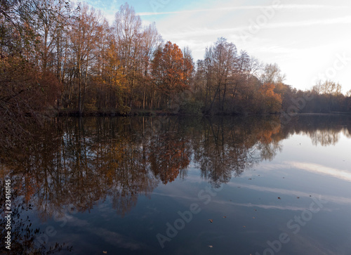 Spaziergang im Herbst entlang eines kleinen Sees in Bünde Deutschland. Wunderschöne Spiegelungen der Bäume im Wasser.
