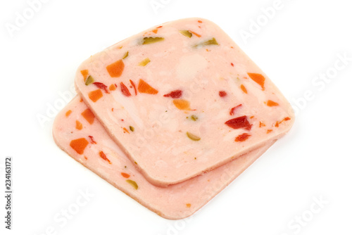 Thinly Sliced boiled ham sausage, isolated on a white background. Close-up.