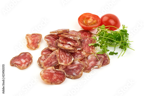Thin Sliced Jerked Sausage from pork with lettuce and tomatoes, isolated on a white background. Close-up