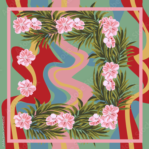 Square flower arrangement. Pattern for printing on scarves  postcards  carpets  bandanas  napkins  home textiles. Gentle pink flowers and palm leaves on  bright abstract background. Vector.
