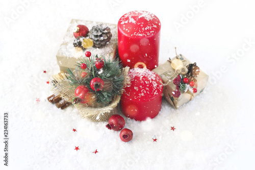 Christmas card with candles, watches, gifts grenades.