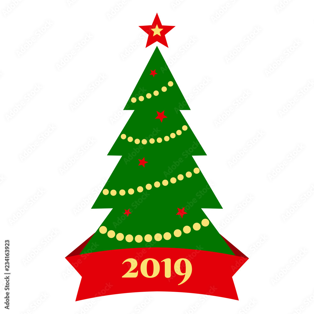 Holiday card with christmas tree and red ribbon with inscription 2019. Vector illustration