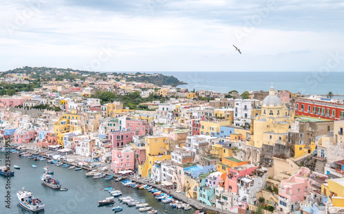 Marina Corricella  colourful fishing village on the island of Procida in the Bay of Naples  Italy. Photo taken from the top of the cliff. 
