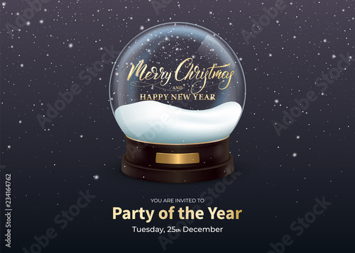 Christmas banner. Winter Holiday design with realistic snow globe and Merry Christmas calligraphy.