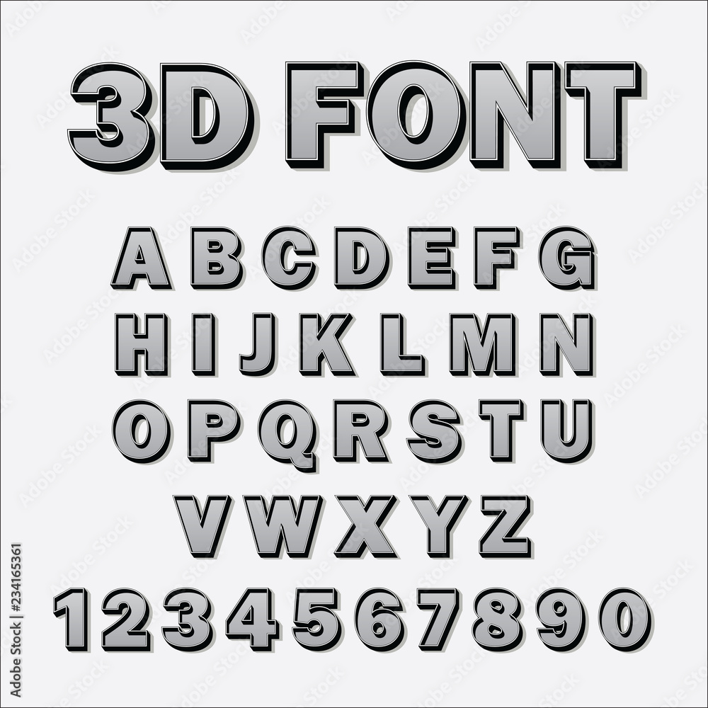 Vector 3D font with shadow. Typography. Alphabet and numbers.
