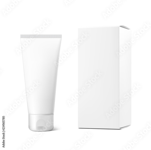 Realistic cosmetic tubes and box on white background. Can be used for cosmetic, medical, gels, creams, shampoo and pastes. Vector illustration. EPS10.
