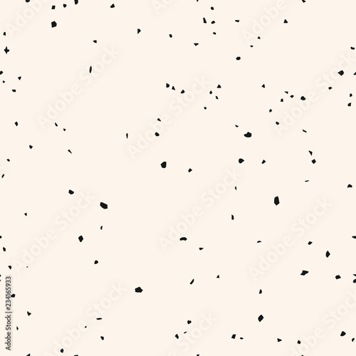 Monochrome terrazzo texture. Vector minimalist seamless pattern with chaotic scattered shapes, spots, confetti. Simple black and white grunge background texture. Trendy repeat design for decor, prints