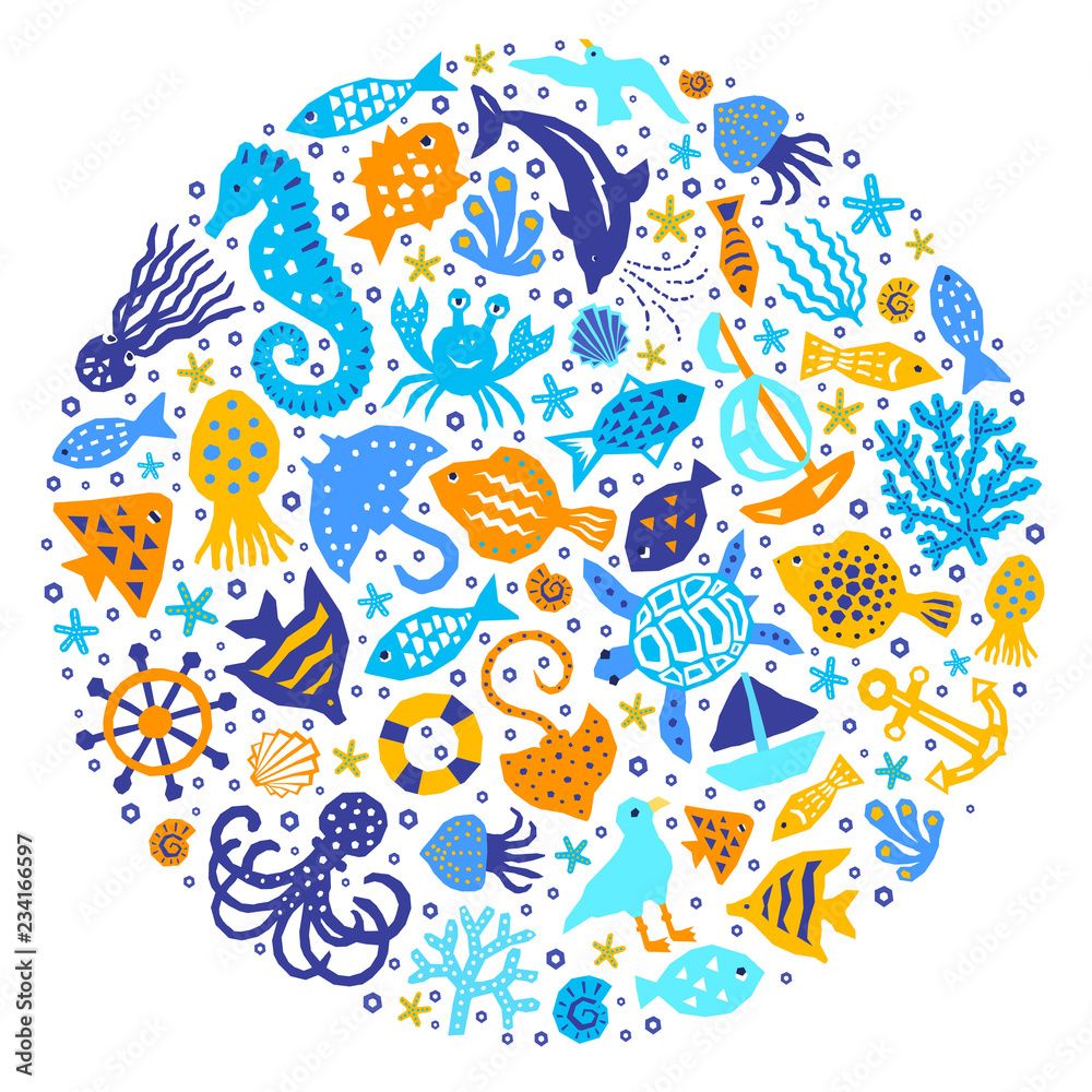 World of the sea paper cutout marine style kids design element set. Funny cartoon doodle background of fish, octopus, gull, shell, calmar, starfish, jellyfish, guitarfish. EPS 10 vector illustration World of the sea paper cutout marine style kids design element set. Funny cartoon doodle background of fish, octopus, gull, shell, calmar, starfish, jellyfish, guitarfish. EPS 10 vector illustration