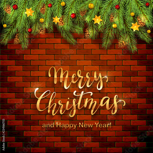 Christmas Lettering on Brick Wall Background with Holiday Decorations