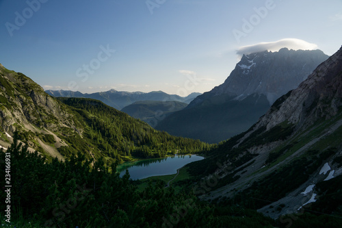 Mountain view with blue lake at sunrise