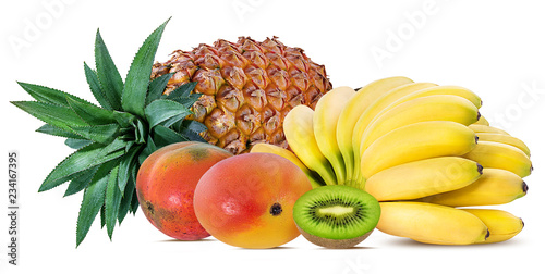 Fototapeta Naklejka Na Ścianę i Meble -  Pineapple, banana, kiwi and mango isolated on white background with clipping path
