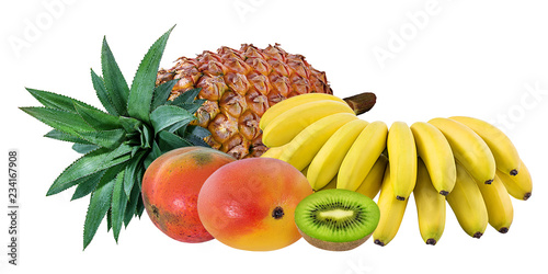 Fototapeta Naklejka Na Ścianę i Meble -  Pineapple, banana, kiwi and mango isolated on white background with clipping path
