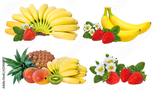 Pineapple  banana strawberry kiwi and mango isolated on white background with clipping path
