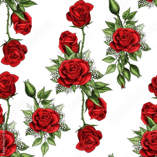 Red rose flower bouquet spreads creeper elements seamless pattern isolated white