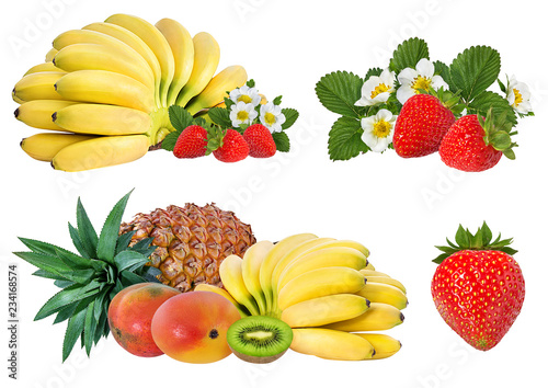 Fototapeta Naklejka Na Ścianę i Meble -  Pineapple, banana,strawberry,kiwi and mango isolated on white background with clipping path