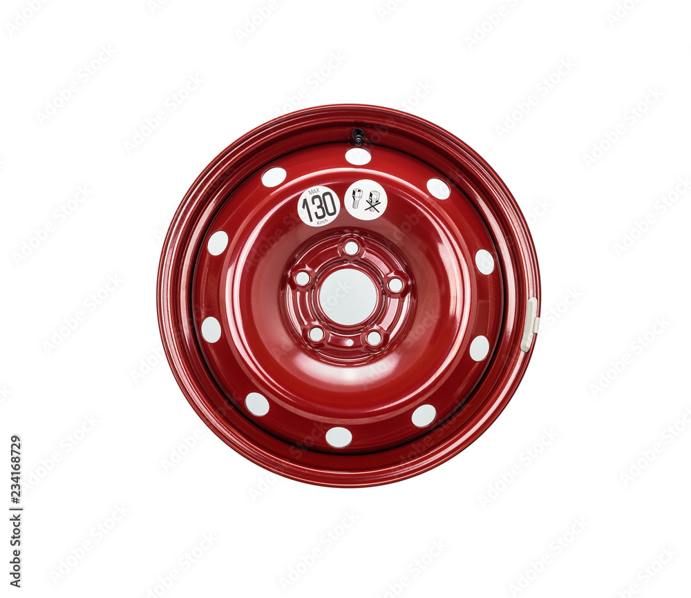 Steel wheel rim close up in red color. Isolated on a white background with a clipping path. Steel wheel rim close up in red color. Isolated on a white background with a clipping path.