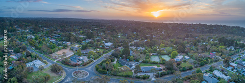 Aerial panorama of Frankston South suburb at sunset. Melbourne, Victoria, Australia
