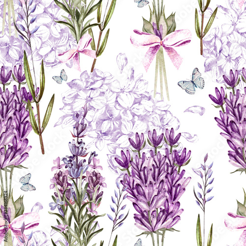 Murais de parede Watercolor pattern with Lavender and graphic hudrangea