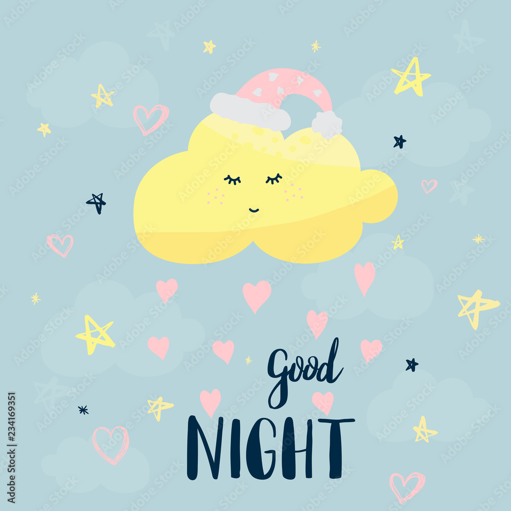 Vector template night cards with cute cartoon characters and phrases ...