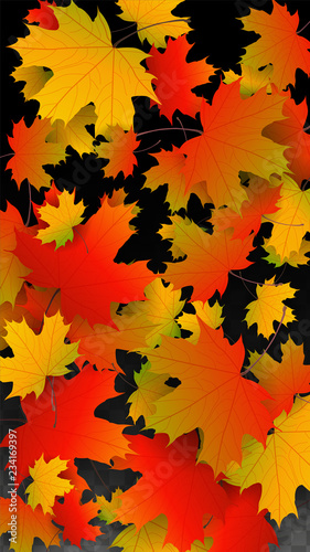 September Vector Background with Golden Falling Leaves. Autumn Illustration with Maple Red, Orange, Yellow Foliage. Isolated Leaf on Transparent Background. Bright Swirl. Suitable for Posters.