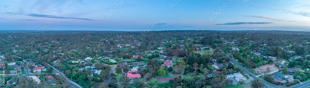 Large aerial panorama of rural area on Mornington Peninsula at dusk. Melbourne, Victoria, Australia.